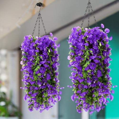 Hotop 2 Set Artificial Flowers with Hanging Basket Includes 6 Pcs Morning Glory Vines Faux Outdoor Hanging Plants Waterproof UV Resistant Fake Flowers for Patio Spring Summer Decor(Purple) - color: Purple