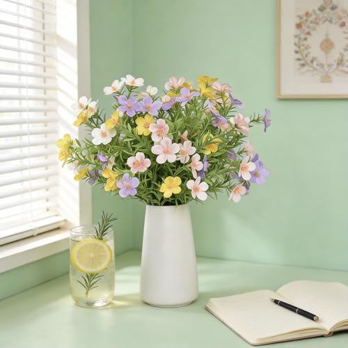 Artificial Gypsophila Baby's Breath Flowers in 6 Inch White Ceramic Vase with Faux Cosmos Arrangement, Farmhouse Table Centerpiece for Home Office Desk Décor, Mixed Color (White Pink Purple Yellow) - color: Mixed