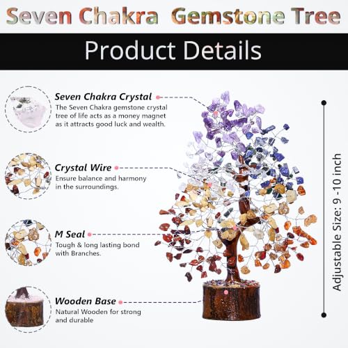7 Chakra Crystal Tree of Life 10-12 Inch | 300 Natural Gemstone Beads | Healing Crystal Tree with Chakra Bracelet & Pendant | Money Tree, Positive Energy, Good Luck | Birthday Gift for Women - color: Seven Chakra Silver Wire Set (300 Beads)