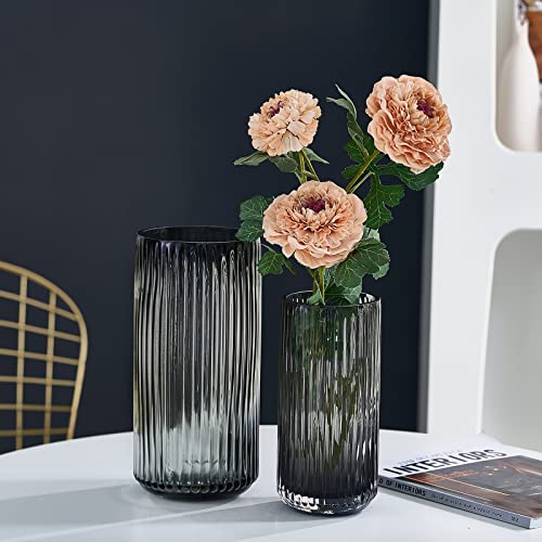 TIMEFOTO Flower Vase 7.5 inch Grey Thickened Hand Blow Glass Vase Round Vintage Striped Bottles for Bookshelf,Dinner Table,Indoor Office Desktop,Meeting Room,Bathroom,Countertop,Home - color: Glass Gray, size: 7.5 inch