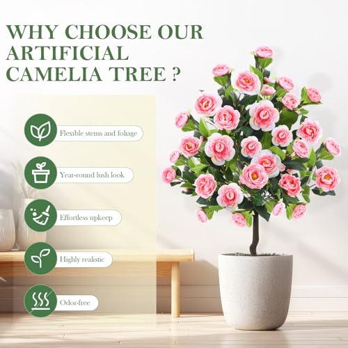 Lunmon 2 Pack 4ft Artificial Camellia Plants Tree without Vase 48" Faux Camellia Flower with Spike UV Resistant Realistic Fake Floral Blooming for Indoor Outdoor Front Door Porch Backyard Garden, Pink - color: Pink, size: 4 ft