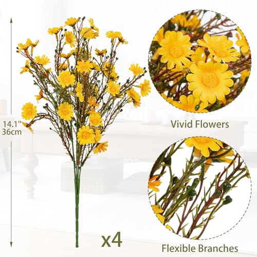 UV Resistant Yellow Daisy Artificial Flowers Lush 4 Bouquets Silk Fake Daisies, 14" UV Protected Faux Daisy Flowers for Indoor & Outdoor Vase, Planter, Floral Arrangements, Centerpieces, Wedding Decor - color: Yellow