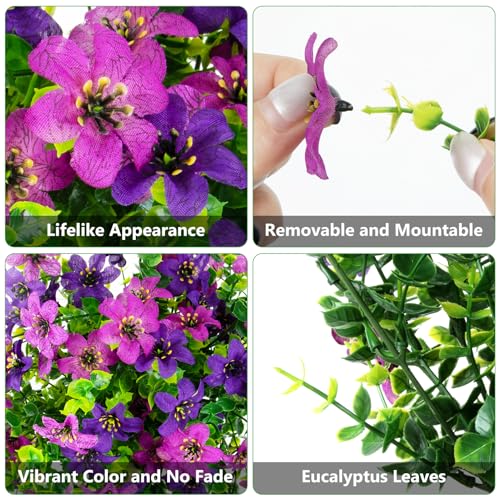 CCILAND 2 PCS Artificial Hanging Flowers for Outdoors, Fake Flower Plants UV Resistant Faux Hanging Spring Flowers for Home Porch Garden Patio Yard (Double Purple) - color: Mix Light Purple and Purple