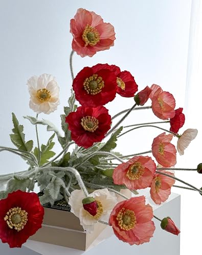 Set of 6 Red Coral Pink and Champagne Mixed Poppy Flowers Artificial, Silk Flowers with Stems for Vase for Wedding Party Home Office Indoor Kitchen Dining Table Centerpiece Decoration - color: Red Coral Champagne