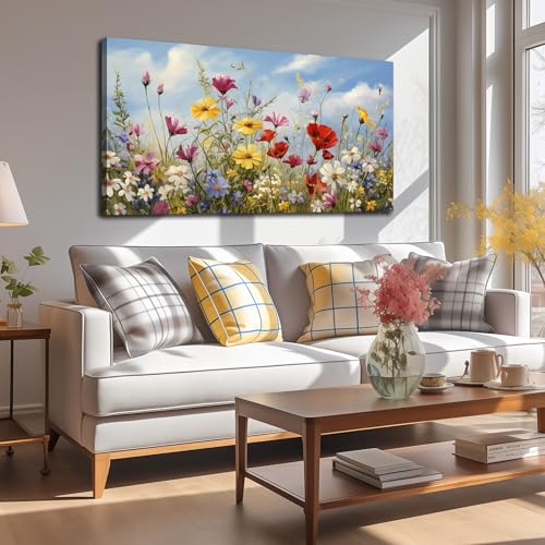 Flower Wall Art for Bedroom Teen Girl Colorful Artwork for Wall Floral Wall Decor for Living Room Ready to Hang 20 x 40 Inch - color: Yellow Red White, size: 40"L x 20"W