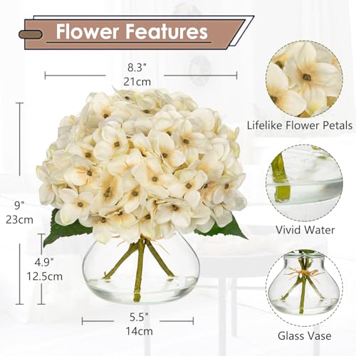 Hollyone Fall Hydrangea Artificial Flowers for Decoration with Glass Vase White Silk Fake Flower Arrangements with Faux Water Autumn Table Centerpiece Vase with Flowers Fall Decorations for Home - color: Hydrangea, Fall White