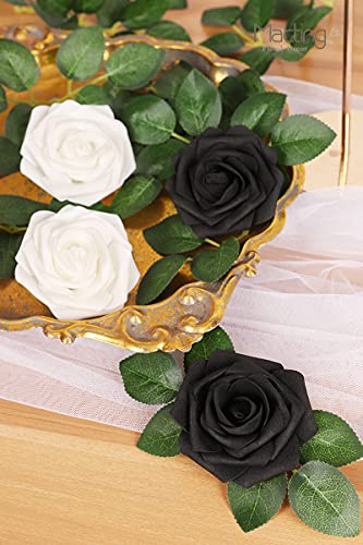 MACTING 30PCS Artificial Flower Roses Black and White Fake Flowers with Stem Real Touch Foam Roses for Wedding Kissing Ball Corsage Party Baby Shower Home Christmas Decorations - color: 15pcs Black + 15pcs White, size: 30PCS
