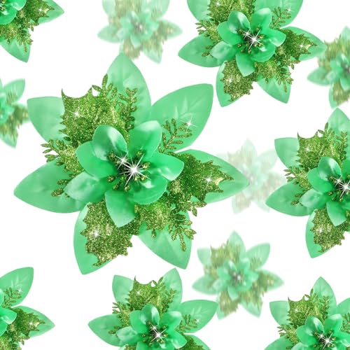 Geosar 36 Pcs Christmas Glitter Artificial Poinsettia Flowers Xmas Poinsettia Artificial Wedding Flowers Decorations Xmas Tree Ornaments with Clips for Party, 6 Inch, 4 Inch, 3 Inch(Emerald Green) - color: Emerald Green