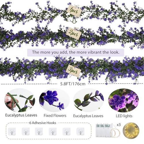 RECUTMS Faux Lighted Mantle Garland Artificial Hanging Greenery Fake Hanging Eucalyptus Leaves Vine with Lights Swag Garland for Indoor Outdoor Wall Party Mantel Wedding Table Arch Decor(Purple) - color: Purple With Lights