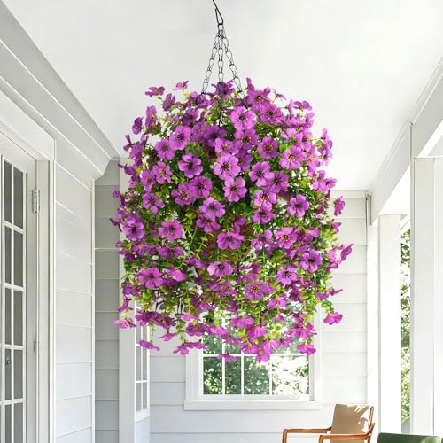 INQCMY Artificial Hanging Flowers with Basket for Spring Outdoor Decoration 3 Bunches of Silk Daisy Flower Uv Resistant for Garden Porch Patio Balcony Yard Decor (Purple2) - color: Purple2