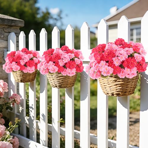 BonBloom's 6 Bundles Artificial Geranium Flowers for Outdoors, UV Resistant Realistic Silk Flowers Fake Plants for Front Door Porch Garden, Balcony Window Box Indoor Home Spring Decor, Mixed Color - color: Mixed Pink& Rose Red, size: 6 pack