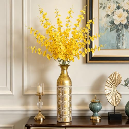 Hosley 16" Distressed Gold Cylinder Flower Vase with Etched White Geometric Grid Pattern for Home Decoration & Floral Arrangements - color: Gold White, size: 16" High