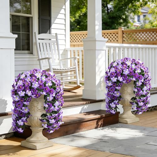 Ivydale Artificial Hanging Flowers for Outdoors, Faux Morning Glory 2Pcs UV & Fading Resistant Silk Flower for Porch Patio Balcony Planter Yard (Purple) - color: Purple