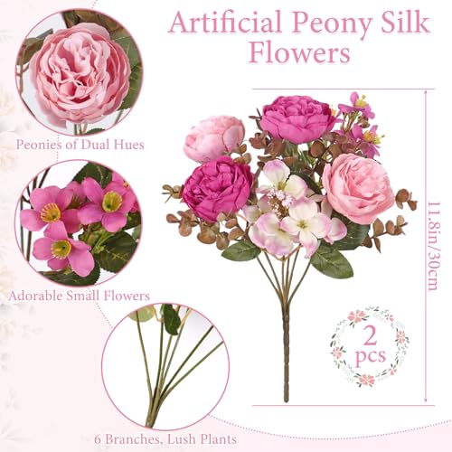 DEMIUKO 2PCS Peonies Artificial Flowers, Faux Peony Bouquet Fake Silk Flower for Vase Faux Floral Arrangements Plastic Flowers for Farmhouse Home Kitchen Table Centerpiece Party Wedding Decor - color: Rose Red, size: 2PCS