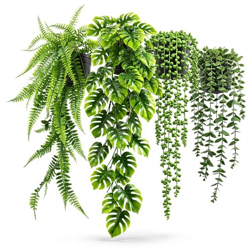 4 Pack Artificial Hanging Plants Indoor – Faux Hanging Wall Plants, String of Pearls, Eucalyptus & Monstera, Fake Hanging Potted Plants for Shelf Wall Home Office Decor - color: Green 4 Pot