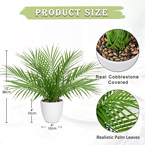 Briful Fake Plant 15’’ Artificial Palm Plant in White Pot Real Touch Faux Tropical Palm Tree Houseplant for Home Indoor Living Room Tabletop Balcony Decorations - color: White