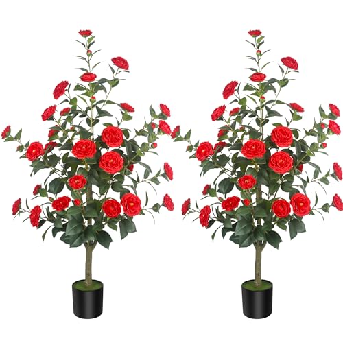 2Pack 47.24"/3.94FT Artificial Camellia Trees with 36 Red Flowers in Cement Pots – Lifelike Fake Trees for Front Porch, Home, Indoor Outdoor Spring Decor, Office or Housewarming Gifts - color: Red, size: 47.24 inchx2