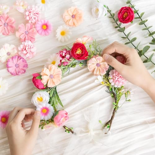 Fake Flower Heads for Crafts, 66PCS Mini Artificial Flowers Bulk, Small Silk Daisy Rose Sunflower Faux Floral Heads for DIY Hair Clips, Wedding Cake, Graduation Cap, Wreath & Party Decoration - color: Pink
