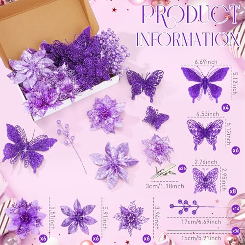Thiccywoov 122 Pcs Christmas Glitter Poinsettia Artificial Flowers Berry Picks Butterfly Christmas Tree Ornaments 3 Styles Poinsettia kit with Clip for Xmas Wreath Home Tree Decor(Purple) - color: Purple