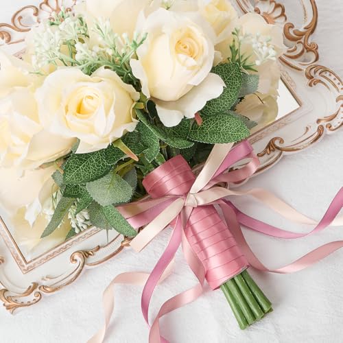 Mauproy 3/8 Inch Dusty Rose Satin Ribbon, 4 Rolls Total 40 Yards, Double Faced Mixed Rose Thin Fabric Ribbon for Gift Wrapping, Flower Bouquets, Wedding, Graduation Decorations - color: Dusty Rose