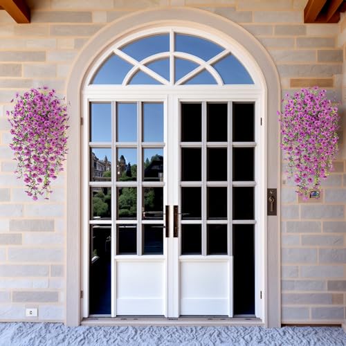 Ammyoo Artificial Hanging Flowers for Outdoors Fake Plants Decoration, 2 Packs Faux Silk Daisy Flower Realistic Outdoor Flowers UV Resistant Porch Patio Window Yard Indoor Spring Decor(Purple) - color: Purple