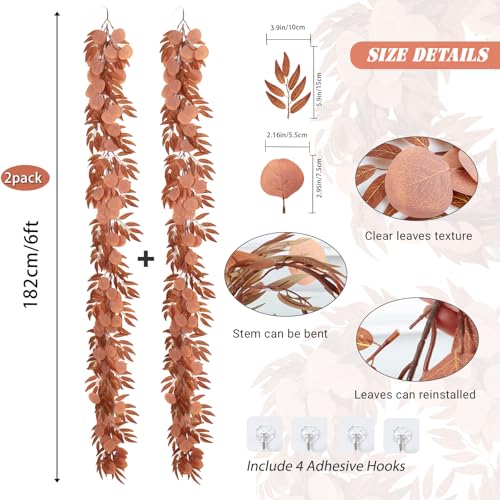 RECUTMS 2Pcs Artificial Fall Eucalyptus Garland with Willow Leaves 6Ft Hanging Silk Orange Leaf Vine Greenery Faux Ivy Plants Indoor Outdoor Home Office Party Wedding Table Arch Fireplace Autumn Decor - color: Eucalyptus Leaf Orange