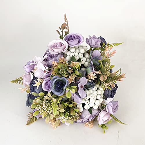 Wedding Bouquets for Bride Bridal Bouquets Artificial Peony Rose Berry Flowers Bouquet for Wedding Gifts Home Decoration (Purple and Blue) - color: Purple and Blue