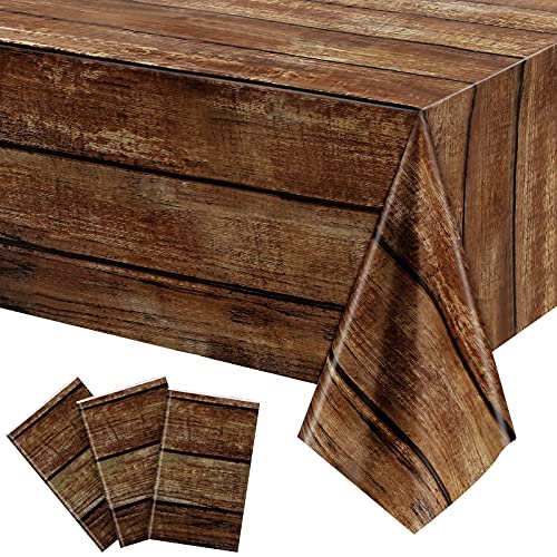 Irenare 3 Pcs Brown Wood Grain Tablecloths Rustic Plastic Table Covers for Rectangle Table, Vintage Farmhouse Tablecloth Decorations for Western Barn Birthday Wedding (54 x 108 Inches) - size: 54 x 108 inches