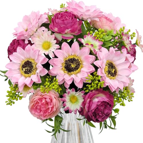 3 Pcs Fall Flowers Artificial Mums Silk Fake Mums Bouquet Faux Floral Arrangements Home Indoor Outdoor Planter Decor Party Wedding Table Autumn Decoration (Purple, Pink) - color: Purple, Pink