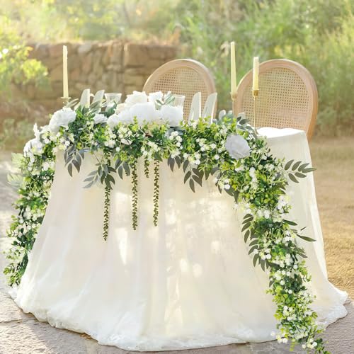 6FT Eucalyptus Garland with Flowers, 8 Pack Artificial Greenery Garland Hanging Faux Eucalyptus Garland Suitable for Table Wedding Backdrop Arch Wall Party UV Protected Indoor Outdoor Decor - size: 8 Pack