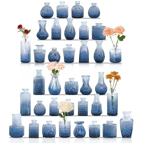 36Pcs Bud Vases Set Small Vintage Glass Bottles Bud Vases in Bulk Multiple Shape Cute Glass Vases for Rustic Wedding Centerpieces Table Decorations and Home Decor(Blue) - color: Blue