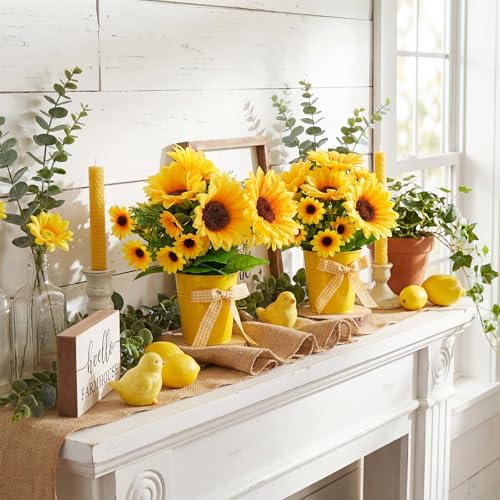 Suncalla 2 Pack Small Artificial Sunflower Plant in Pots Faux Flower Potted Plants Yellow Arrangement Rustic Home Decor 7.9" Tall for Farmhouse Table Centerpiece Windowsill Country Indoor Decor - color: Yellow, style: Sunflower