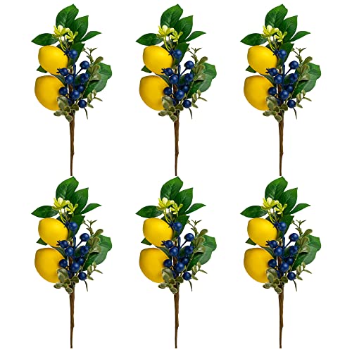 13 Inch Artificial Lemon Branches (6 Pack), Lifelike Faux Fruit Lemon Blueberry Stems for Home Decor Wedding Flower Arrangements Holiday Decorations