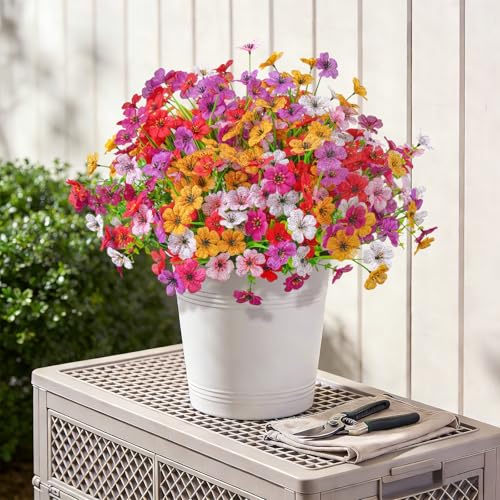 Ammyoo 24 Bundles Artificial Flowers for Outdoor Decoration, Fake Flowers No Fade UV Resistant Faux Silk Flower Plants for Outside Planters Garden Yard Porch Patio Balcony Indoor Decor(6 Colors) - color: 6 Colors
