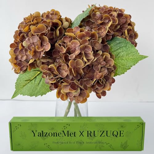 YalzoneMet 3 PCS Brown Hydrangea Artificial Flowers 21'' Real Touch Faux Latex Bronze Hydrangea Flowers for Tables Centerpieces Boho Fake Flowers for Vintage Home Kitchen Decor - color: Brown