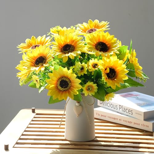 Artificial Sunflower Arrangement in Cream Vase, Silk Fake Flowers in Vase with Jute Rope & Heart Charm, Table Centerpieces for Dining Room, Kitchen and Table Décor - color: White Vase
