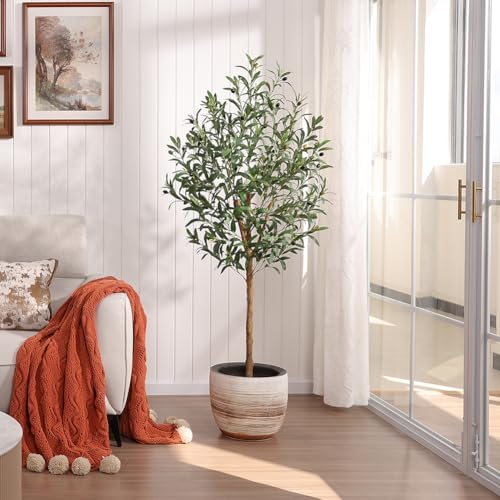 VeriNatural Artificial Olive Tree 5ft–Faux Plants Indoor Fake Tree with High Leaf Density,Silk Leaves,Real Wood Trunk–Large Green Artificial Plant Decor for Home Living Room Office,VN356 - size: 5ft