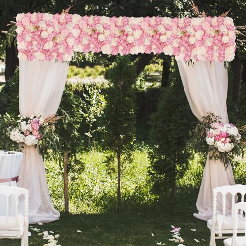 3D Flower Wall Backdrop - 12Pcs 15×15 Inch Artificial Rose Panels Pink & White Silk Floral Decor for Home Party Wedding Anniversary Birthday Photographic Studio Background & Decorative Fences - color: Pink and White, size: 12PCS-15x15