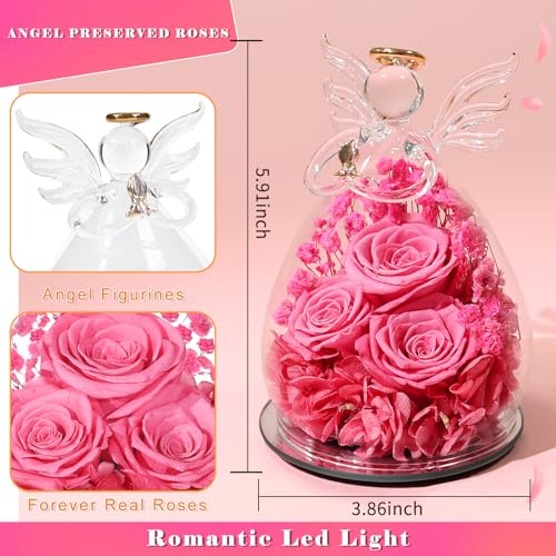 Beferr Gifts for Mom Birthday Gifts for Women, Fresh Flowers for Delivery Forever Preserved Rose in Glass Angel Figurine, Anniversary Christian Real Rose for Grandma Wife Mother from Daughter Son - color: L Rose Pink