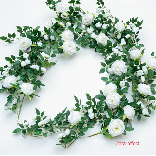 2 PCS 12FT Bendable Flower Garland, Artificial Rose Vine Hanging Floral Garland Decoration for Weding Home Room Wall Decor (White, 2pcs) - color: White, size: 2pcs