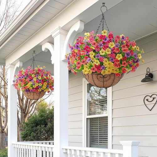Artificial Faux Hanging Flowers Plants Basket for Outdoors Outside Spring Summer Decoration,Hanging Planters with Silk Fake Flowers Realistic UV Resistant Balcony Porch Garden Patio Home(4 Multicolor) - color: 4 Mix(red+yellow+purple+orange)