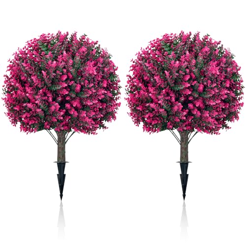 24" Artificial Pink Eucalyptus Topiary Ball Tree Set of 2, UV Resistant Fade-Proof Faux Evergreen Shrubs, Realistic Fake Plant for Indoor Outdoor Garden Patio Front Porch Landscaping - color: Pink Eucalyptus