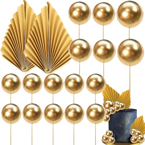 Rsstarxi 28 Pack Paper Palm Fan Cake Topper Balls Cake Topper Mini Balloon DIY Cake Insert Cake Decorations for Baby Shower Wedding Bridal Shower Birthday Party Decorations Gold - color: Gold