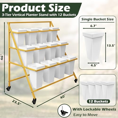 PROLEE Flower Display Stand with 12 Buckets, Flower Cart 3 Layers, Flower Stand Metal with Wheels, Moving Florist Bouquet Shelf, Triangular Rack, Gold - color: Gold