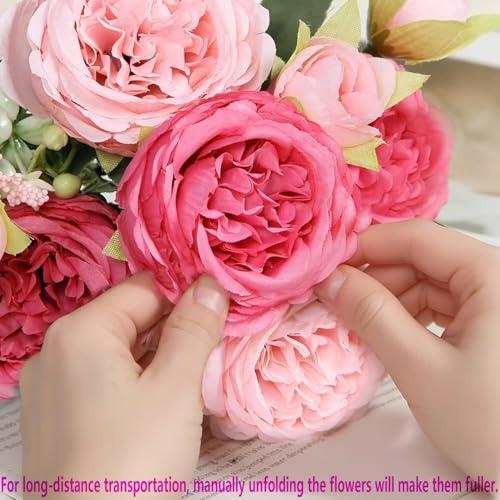 peonies artificial flowers 12 Bundles pink flowers bouquet, Lifelike Silk Fake Peonies with Stems for Home Table Centerpieces, Wedding, Party & DIY Bridal Floral Arrangements (Rose red + pink) - color: Rose Red + Pink