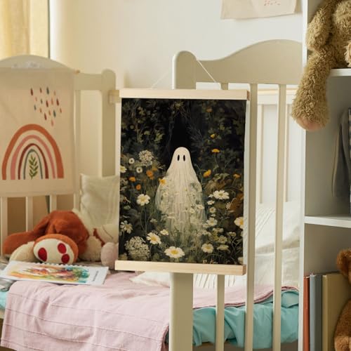 Nrleey Halloween Bathroom Poster Hanger Frame, Ghosts Floral Wall Art with Wooden Poster Hanger, Horror Spooky Wall Hanging Decor, 12x16 Inches - color: Ghost-01