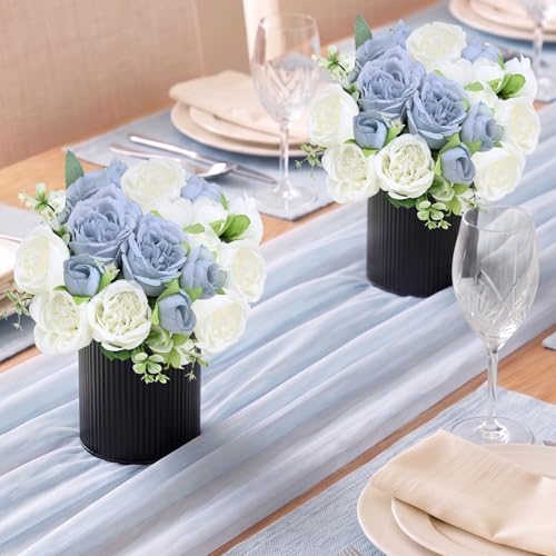 Pre-Made Flower Table Centerpieces, Set of 6 Artificial Silk Peonies with Black Vases for Wedding Reception, Modern Floral Decor for Birthday Party, Anniversary Ceremony - Dusty Blue & White - color: Dusty Blue & White