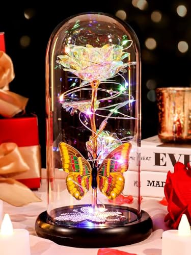 Gifts for Mom Birthday Gifts for Women Colorful Rose Eternal Flower Light Up Rose in Glass Dome with Butterfly, Galaxy Crystal Flowers Gifts for Grandma Wife Daughter Her Delivery Prime - color: Colorful