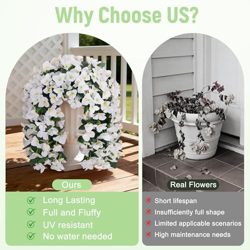 Fake Bougainvillea Artificial Flowers for Outdoors Decoration 2 pcs Faux Hanging Flowers Plants for Outdoor Planters UV Resistant Silk Bougainvillea Vines for Front Door Porch Urn Patio Garden - color: White