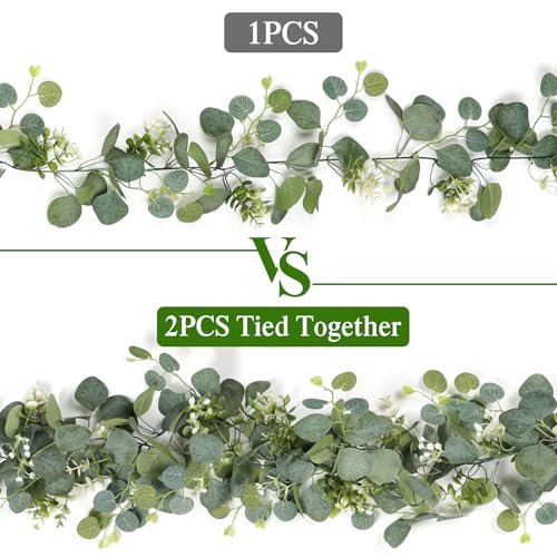 TOCHGREEN 4 PCS Artificial Eucalyptus Garland 5.9FT Faux Silver Dollar Greenery Garland Vines with White Flower Boxwood Fake Hanging Plants for Wedding Home Party Table Mantle Wall Decor - color: 4pcs